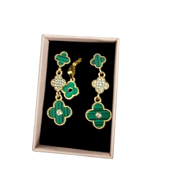 Jewelry - Gold-Tone Green Clover Drop Earrings and Pendant Set